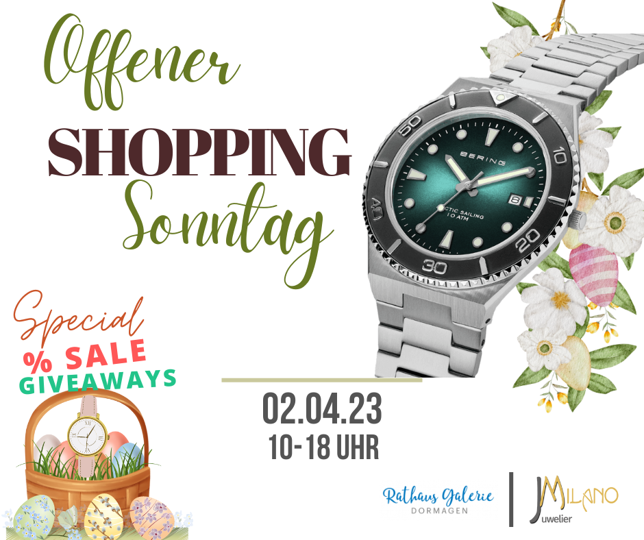 Offener Sonntag, Schmuckstücke, Uhren, Sales, Giveaways, Ostergeschenke, Juwelier, Neue Kollektion, Shopping Event, Angebote, Öffnungszeiten, Juweliergeschäft, Geschenkideen, Uhrmacher, Schmuckliebhaber, Uhrenliebhaber, Ostern, Einkaufsmöglichkeiten.